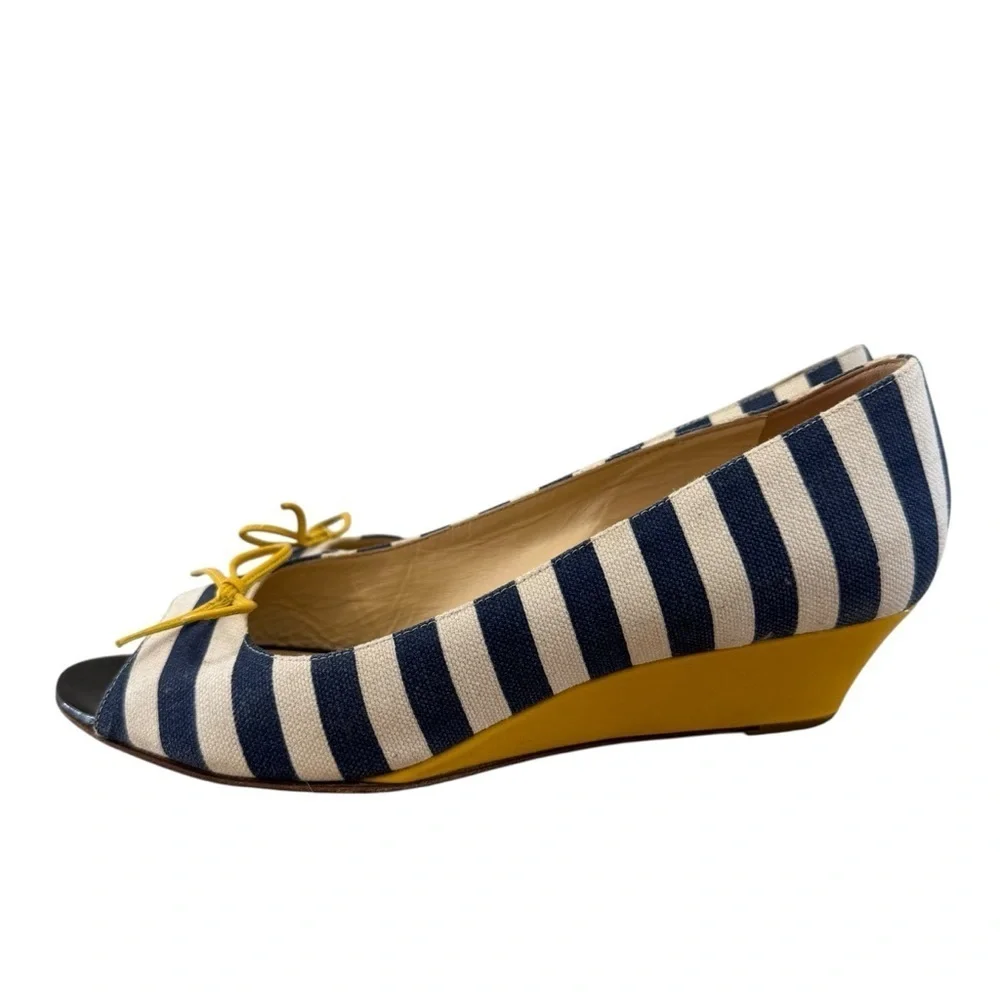 Kate Spade Navy Blue & White Stripe Yellow Detail Kitten Wedge Flats 6.5
